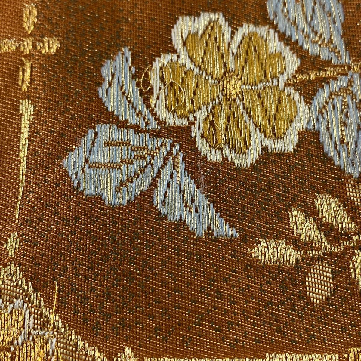 【美品】 袋帶 秀品級 華紋 花鳥 金絲 金金箔 橙色 六通 純蠶絲