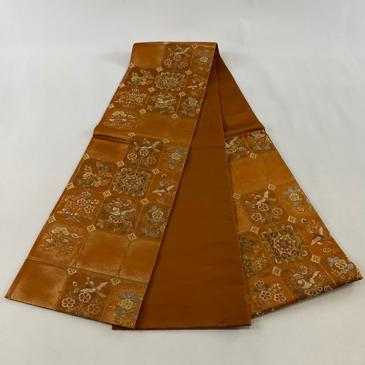 【美品】 袋帶 秀品級 華紋 花鳥 金絲 金金箔 橙色 六通 純蠶絲