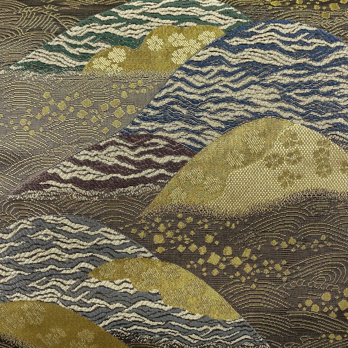 【美品】 袋帶 秀品級 山並 波 金絲 金金箔 灰茶 六通 純蠶絲