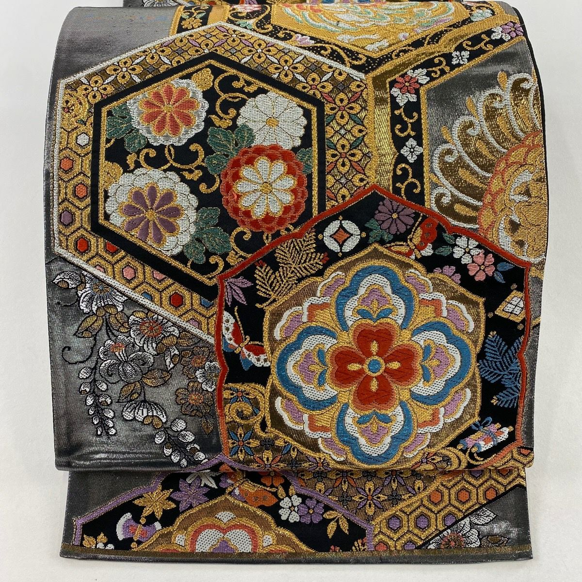袋帶 秀品級 振袖禮服禮服用 華紋 鳳凰 金絲 金金箔 銀 全通 純蠶絲