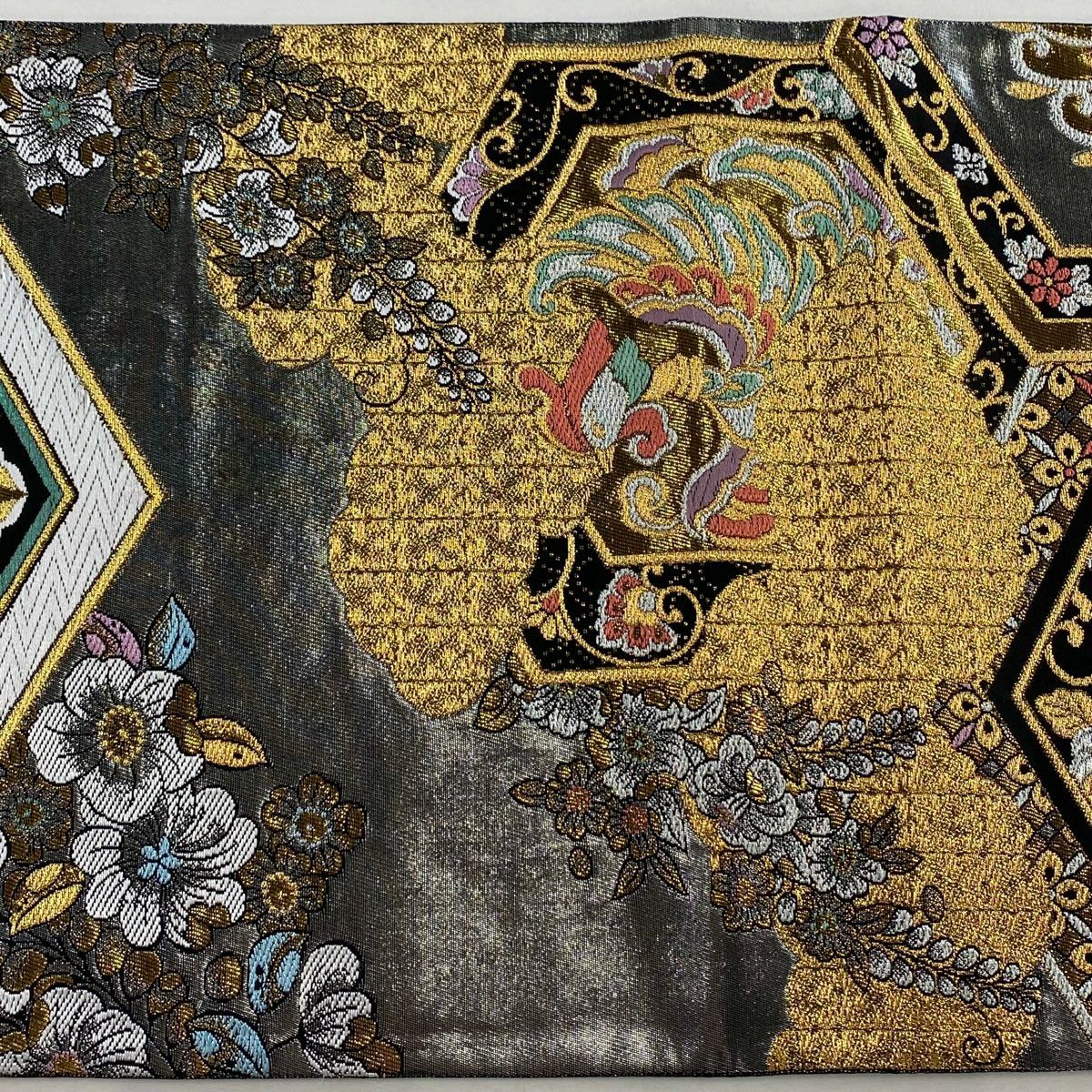 袋帶 秀品級 振袖禮服禮服用 華紋 鳳凰 金絲 金金箔 銀 全通 純蠶絲