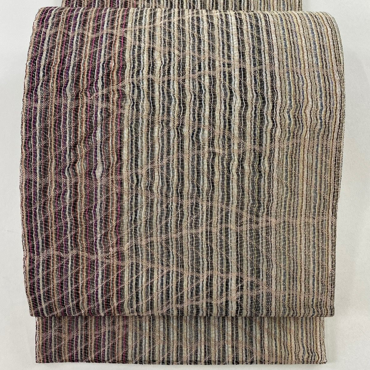 【美品】 袋帶 秀品級 條紋 幾何圖案 金絲 米色 六通 純蠶絲