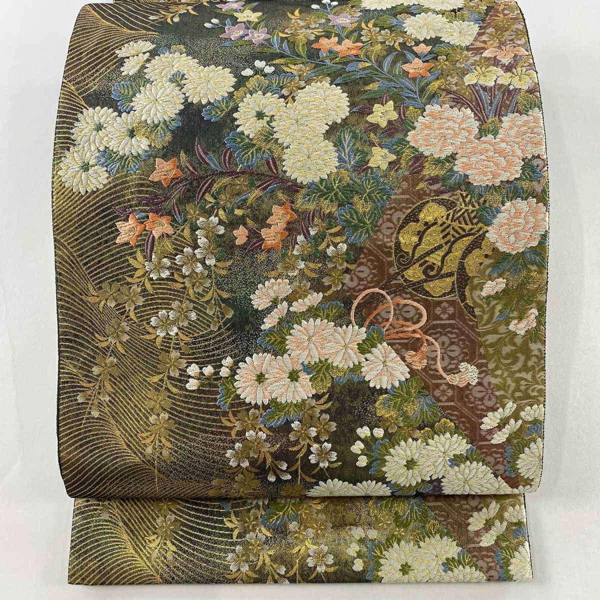 【美品】 袋帶 秀品級 花車 秋草 金糸 金金箔 灰綠 六通 純蠶絲