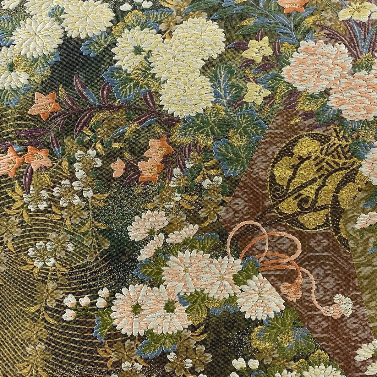 【美品】 袋帶 秀品級 花車 秋草 金糸 金金箔 灰綠 六通 純蠶絲