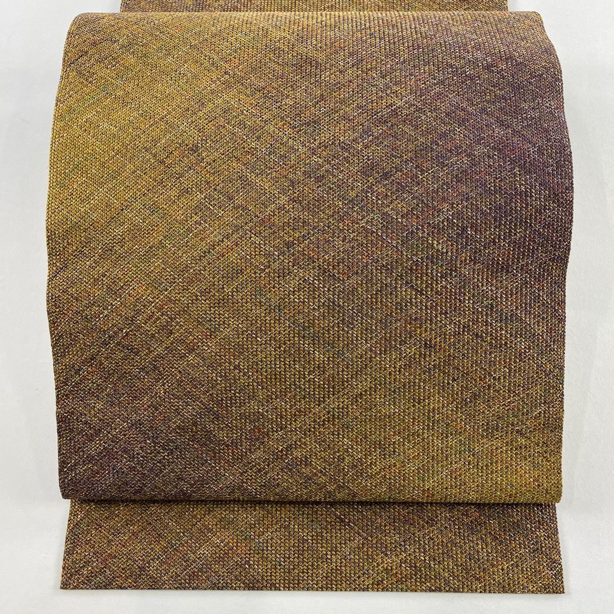 【美品】 名古屋帶 秀品級 八寸名古屋帶 松樹葉仕立 ぼかし圖案 金絲 黃土 純蠶絲