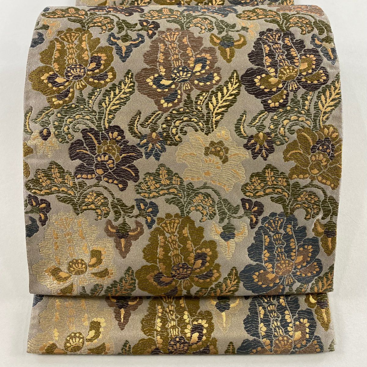 【美品】 袋帶 秀品級 花唐草紋 金金箔 灰茶 六通 純蠶絲