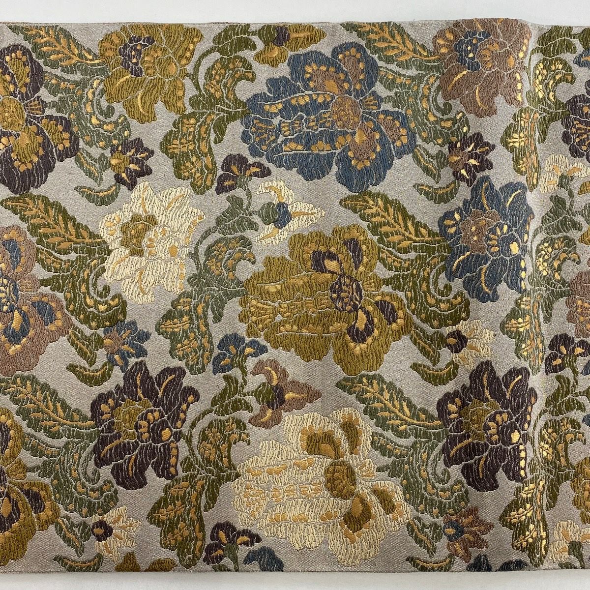 【美品】 袋帶 秀品級 花唐草紋 金金箔 灰茶 六通 純蠶絲