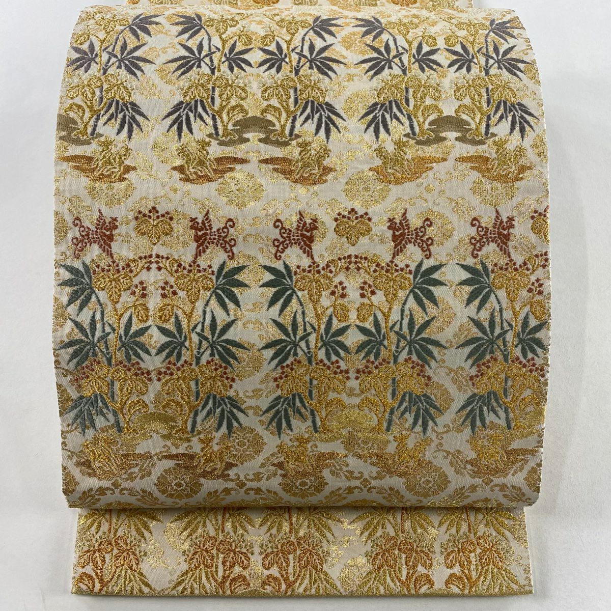 【美品】 袋帶 秀品級 關西仕立 鳥 桐 金絲 金金箔 米色 六通 純蠶絲