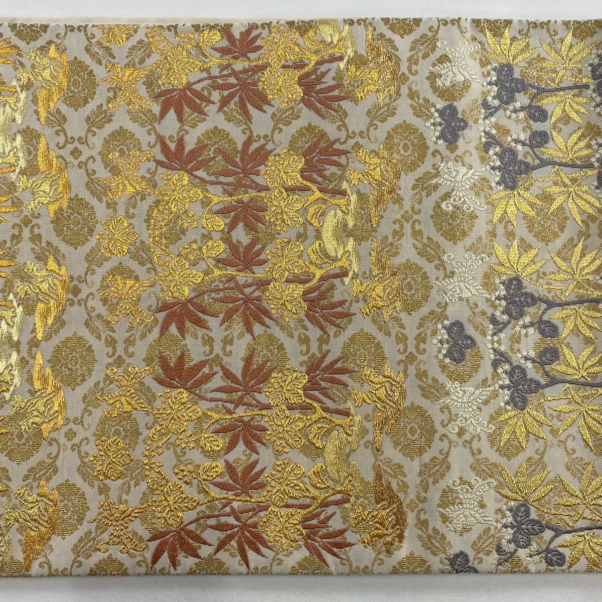 【美品】 袋帶 秀品級 關西仕立 鳥 桐 金絲 金金箔 米色 六通 純蠶絲