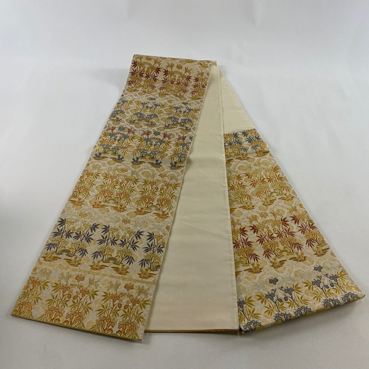 【美品】 袋帶 秀品級 關西仕立 鳥 桐 金絲 金金箔 米色 六通 純蠶絲