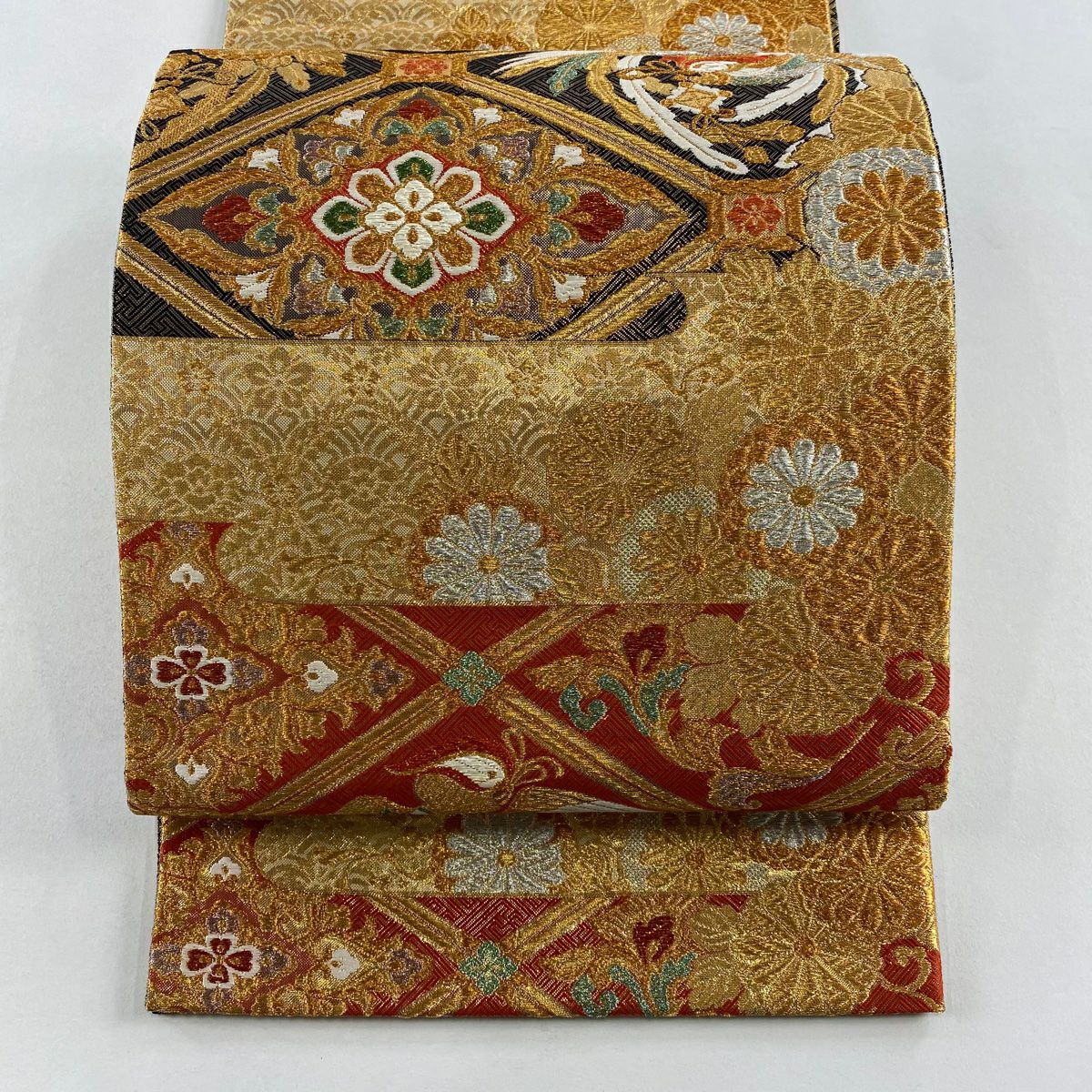 【美品】 袋帶 秀品級 花鳥 華紋 金金箔 金銀彩 米色 六通 純蠶絲