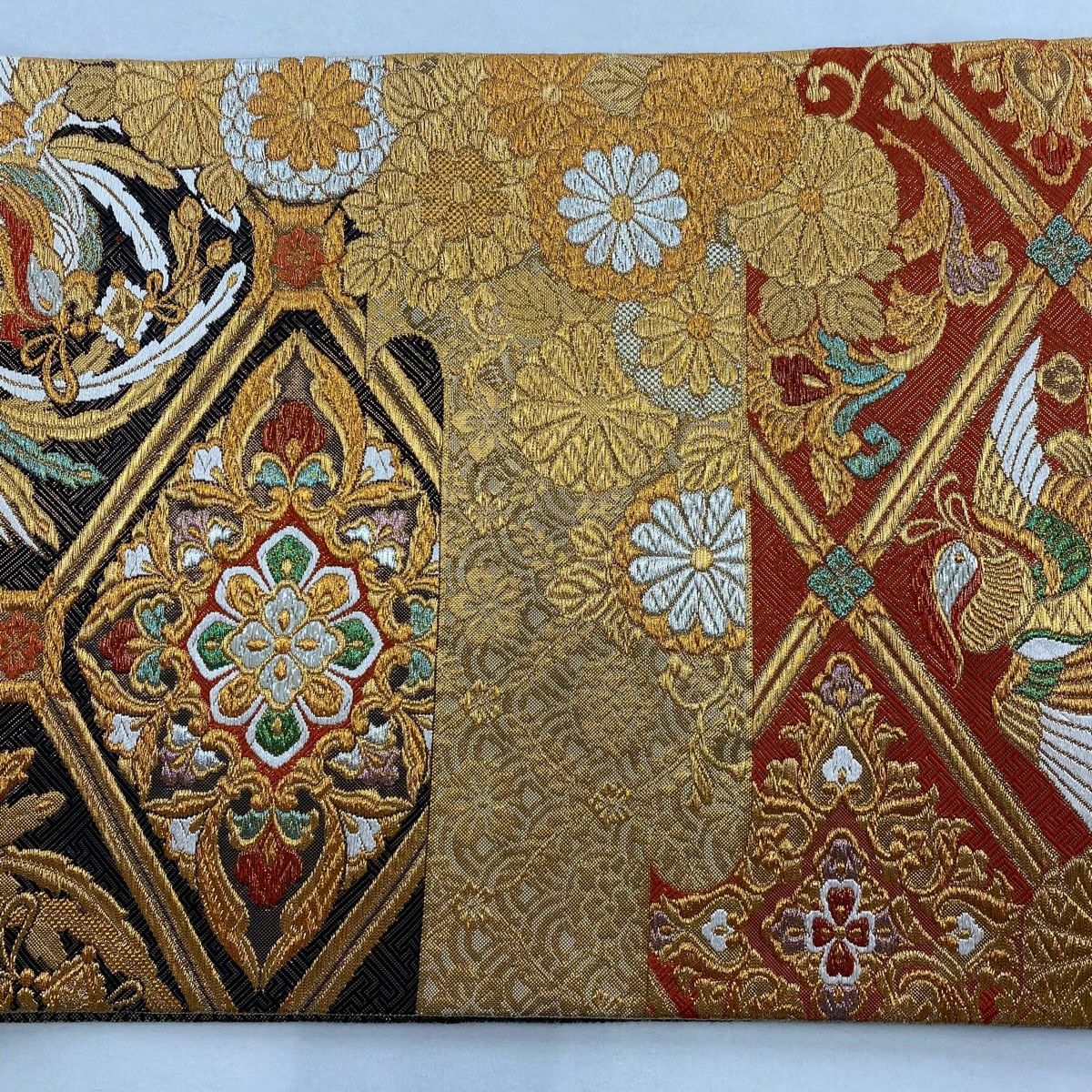 【美品】 袋帶 秀品級 花鳥 華紋 金金箔 金銀彩 米色 六通 純蠶絲