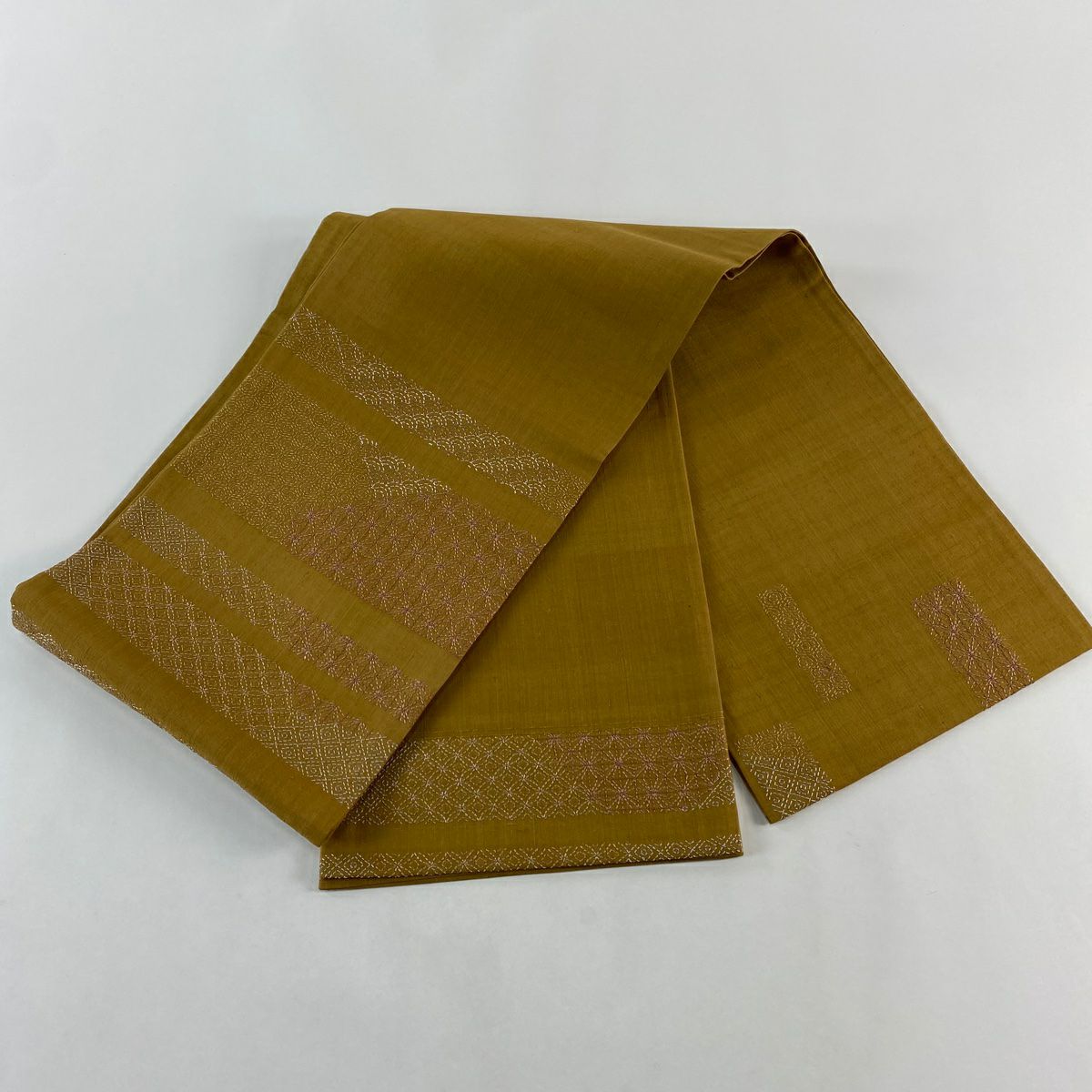 袋帶 秀品級 紬織織 有職紋樣 麻葉 刺繡 山吹茶 素材 純蠶絲