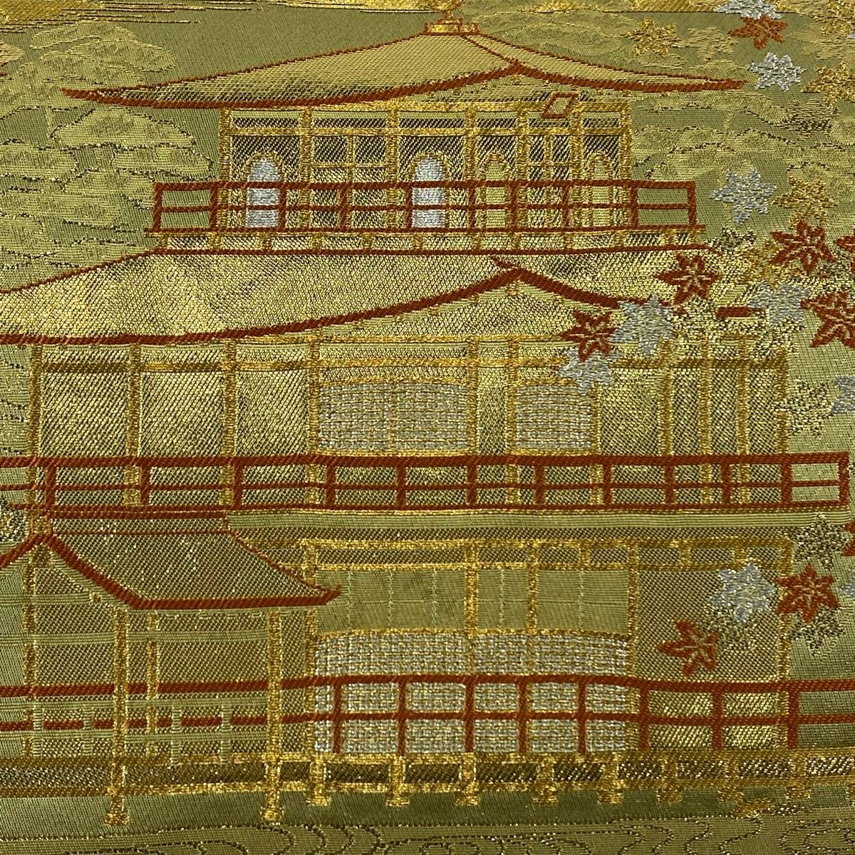 袋帶 秀品級 じゅらく 落款あり 金閣寺 笠松樹 金銀糸 金金箔 金色 六通 純蠶絲