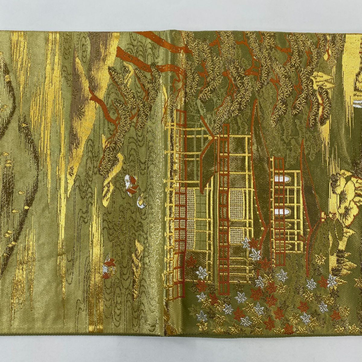 袋帶 秀品級 じゅらく 落款あり 金閣寺 笠松樹 金銀糸 金金箔 金色 六通 純蠶絲