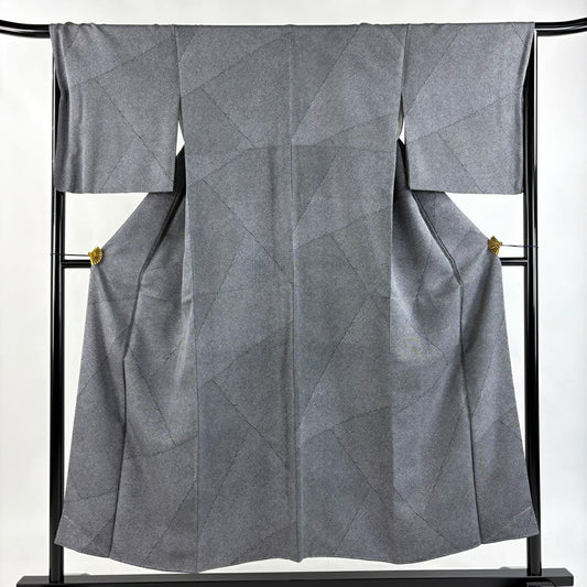 【美品】 小紋 身長151.5cm 袖長67.5cm L 雙層 疋田紋 幾何圖案 黑 純蠶絲 名品級