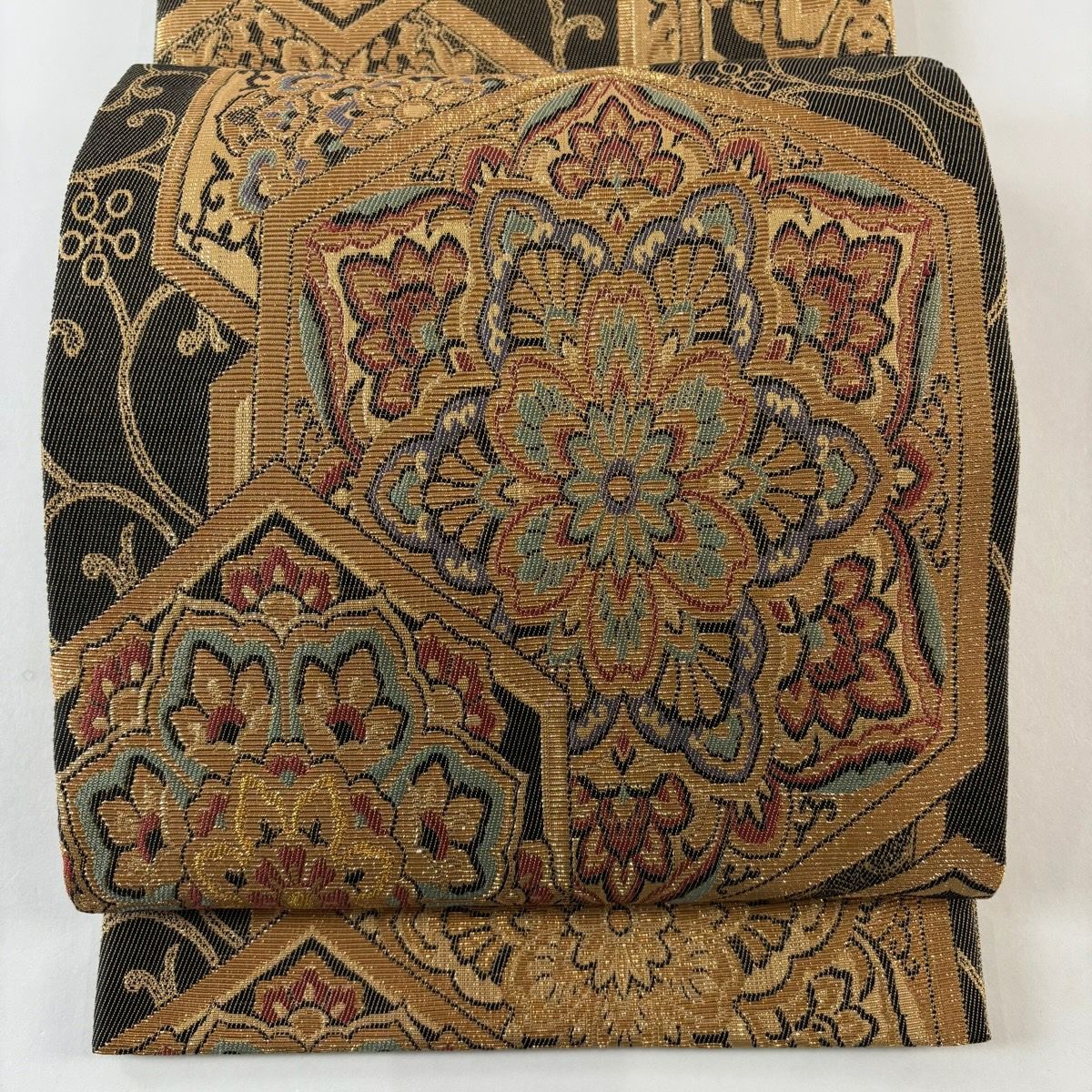 【美品】 袋帶 名品級 龜甲 華紋 金絲 金金箔 金茶 大鼓圖案 純蠶絲