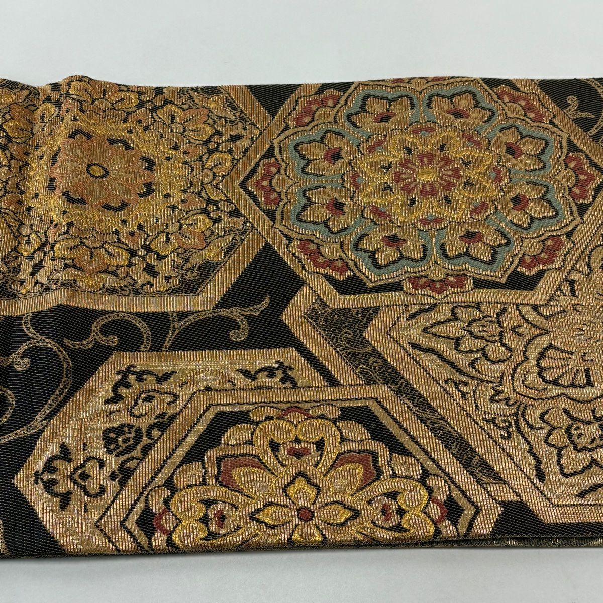 【美品】 袋帶 名品級 龜甲 華紋 金絲 金金箔 金茶 大鼓圖案 純蠶絲