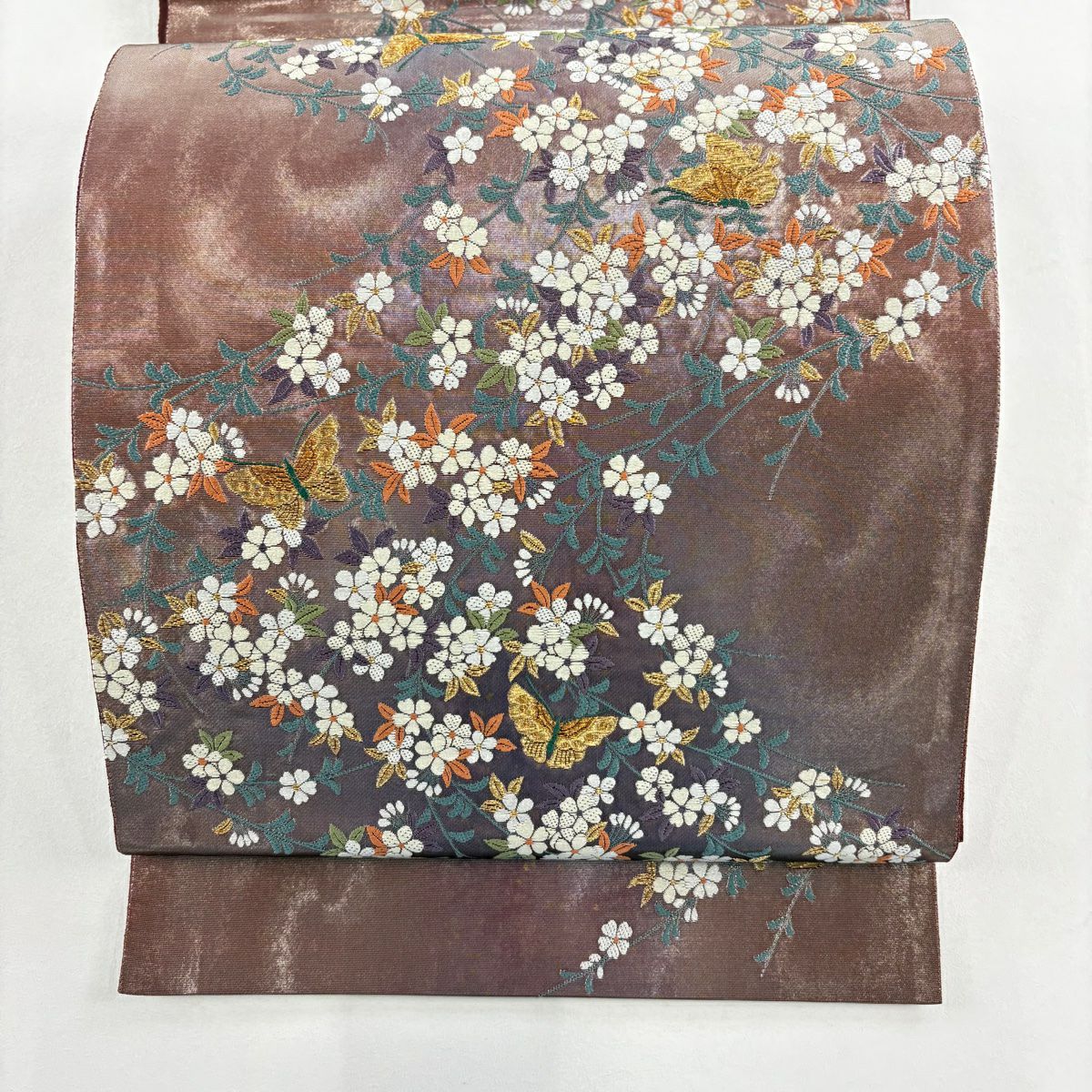 【美品】 袋帶 秀品級 蝶 草花紋 金絲 金金箔 小豆 深紅色 六通 純蠶絲
