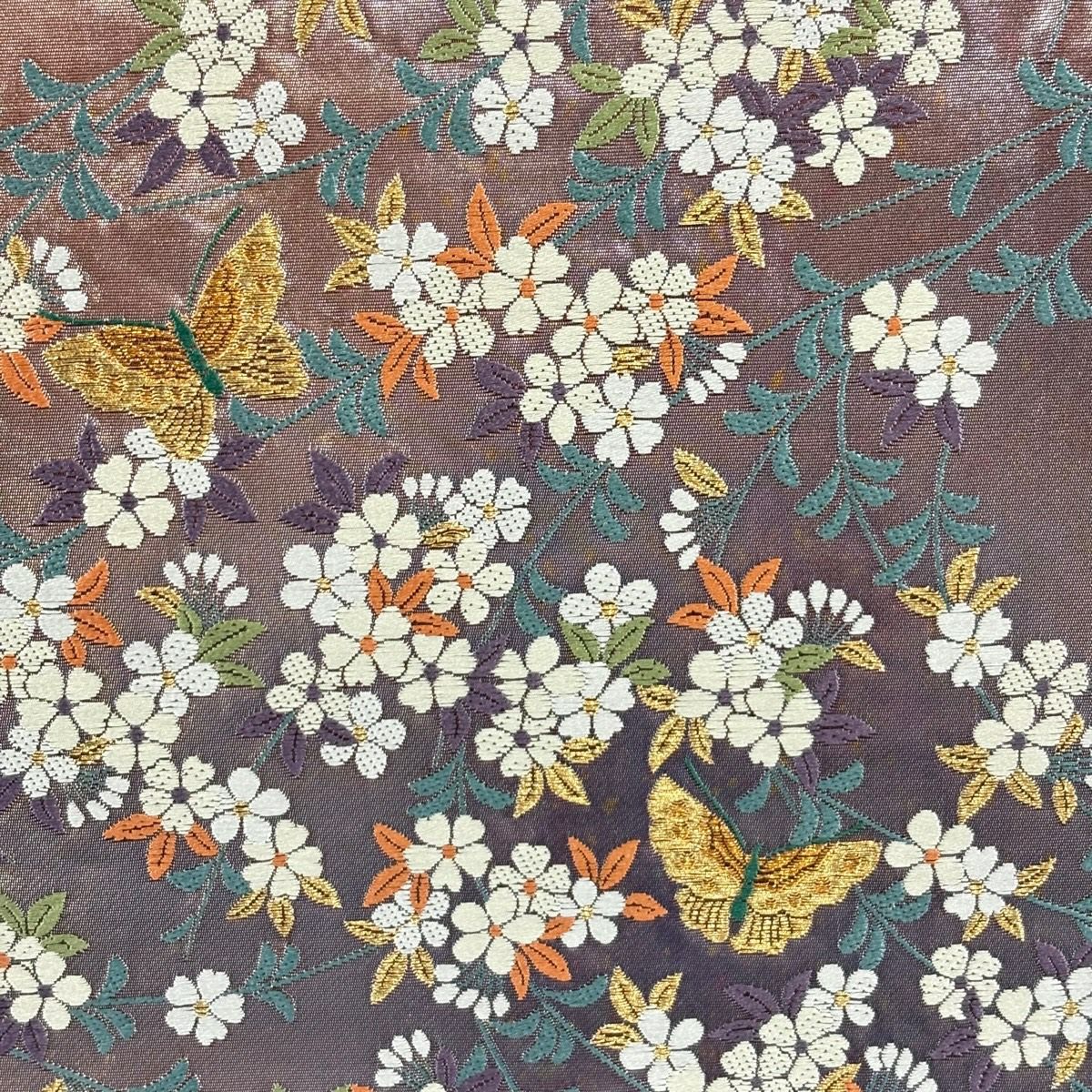 【美品】 袋帶 秀品級 蝶 草花紋 金絲 金金箔 小豆 深紅色 六通 純蠶絲