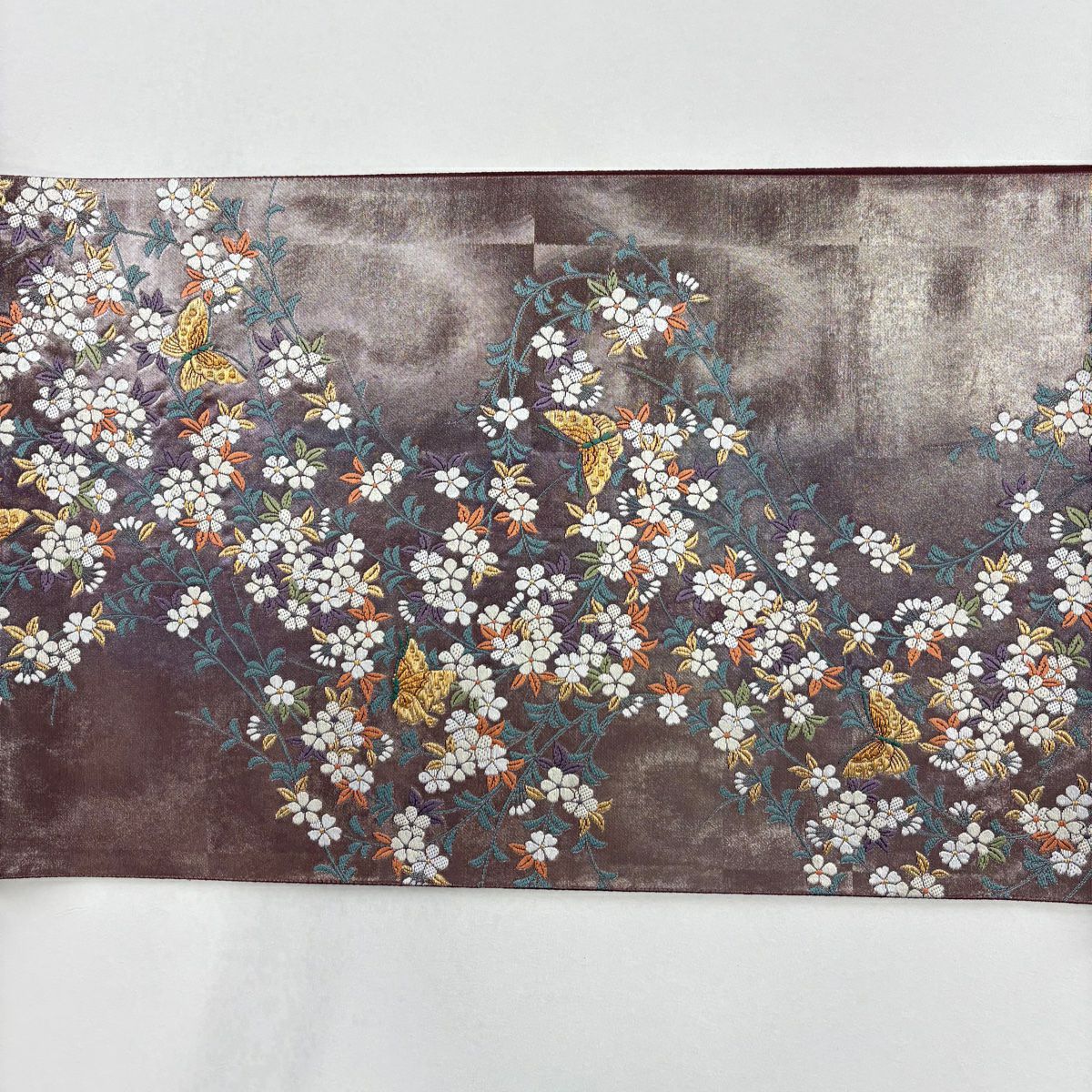 【美品】 袋帶 秀品級 蝶 草花紋 金絲 金金箔 小豆 深紅色 六通 純蠶絲