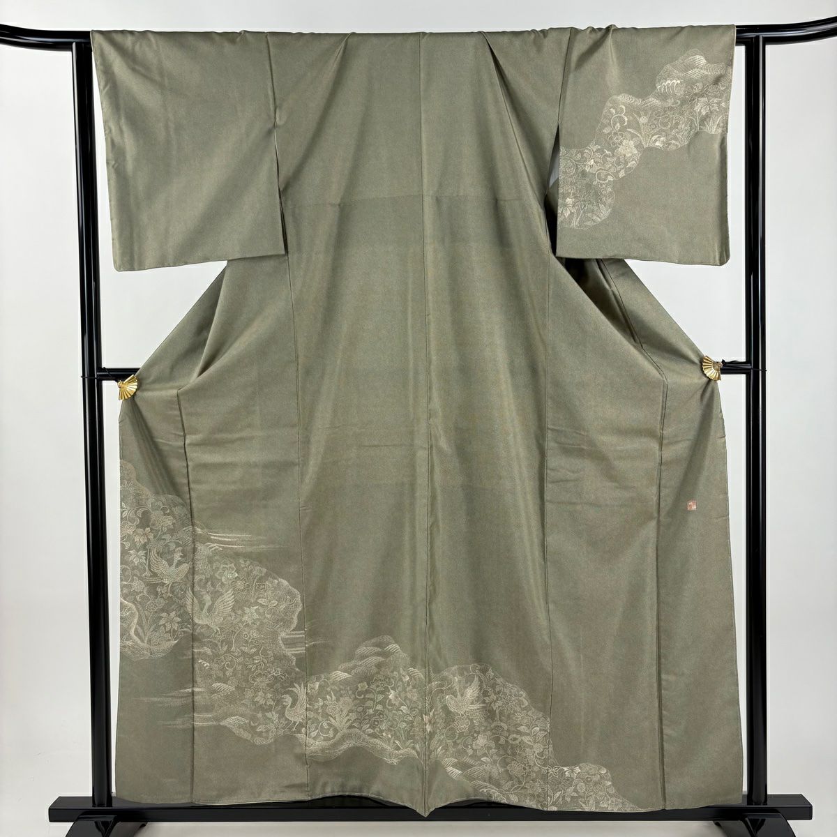 【美品】 付下 身長159.5cm 袖長64cm M 雙層 落款 花鳥 鮫 刺繡 紬織織 茶綠 純蠶絲 名品級