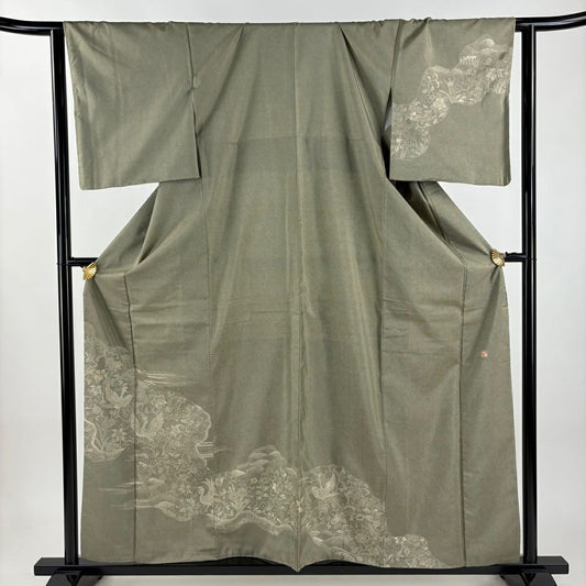 【美品】 付下 身長159.5cm 袖長64cm M 雙層 落款 花鳥 鮫 刺繡 紬織織 茶綠 純蠶絲 名品級