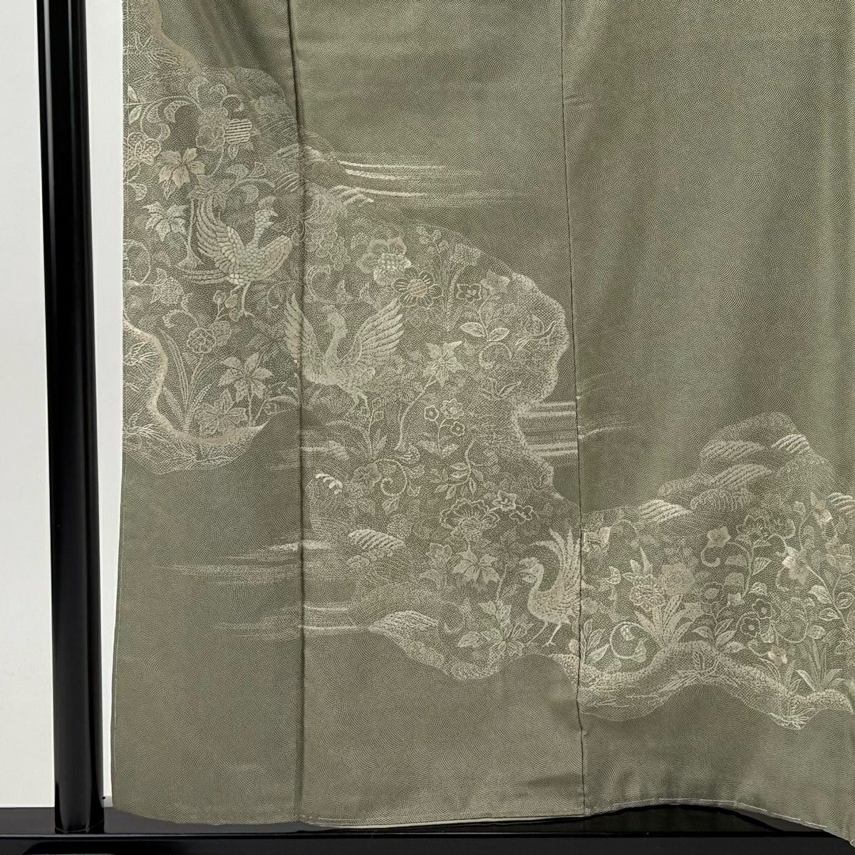 【美品】 付下 身長159.5cm 袖長64cm M 雙層 落款 花鳥 鮫 刺繡 紬織織 茶綠 純蠶絲 名品級