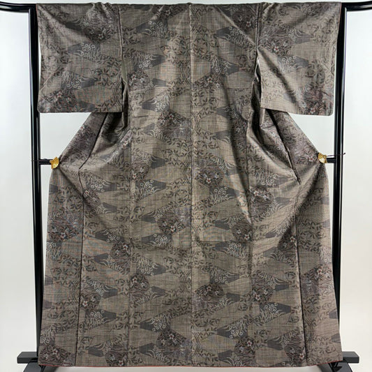 【美品】 紬織 身長163.5cm 袖長64cm M 雙層 草花紋紋 幾何圖案 焦茶 純蠶絲 秀品級
