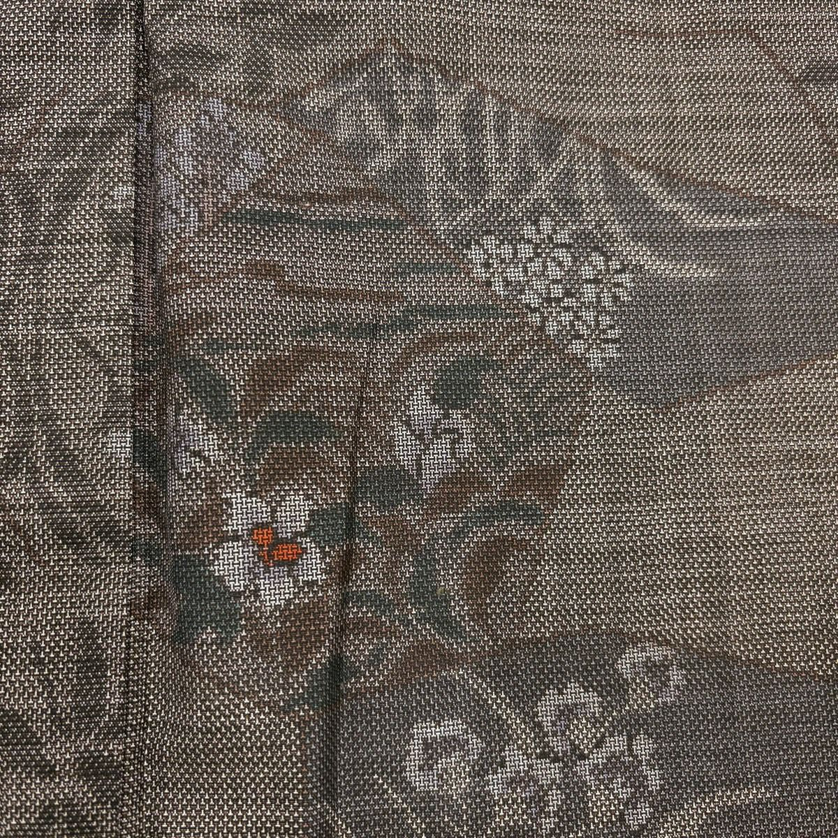 【美品】 紬織 身長163.5cm 袖長64cm M 雙層 草花紋紋 幾何圖案 焦茶 純蠶絲 秀品級