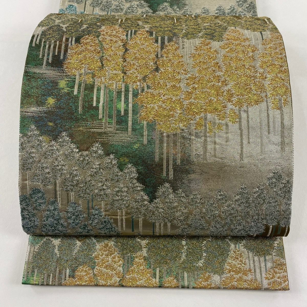 【美品】 袋帶 秀品級 樹木 風景 金金箔 茶綠 六通 純蠶絲