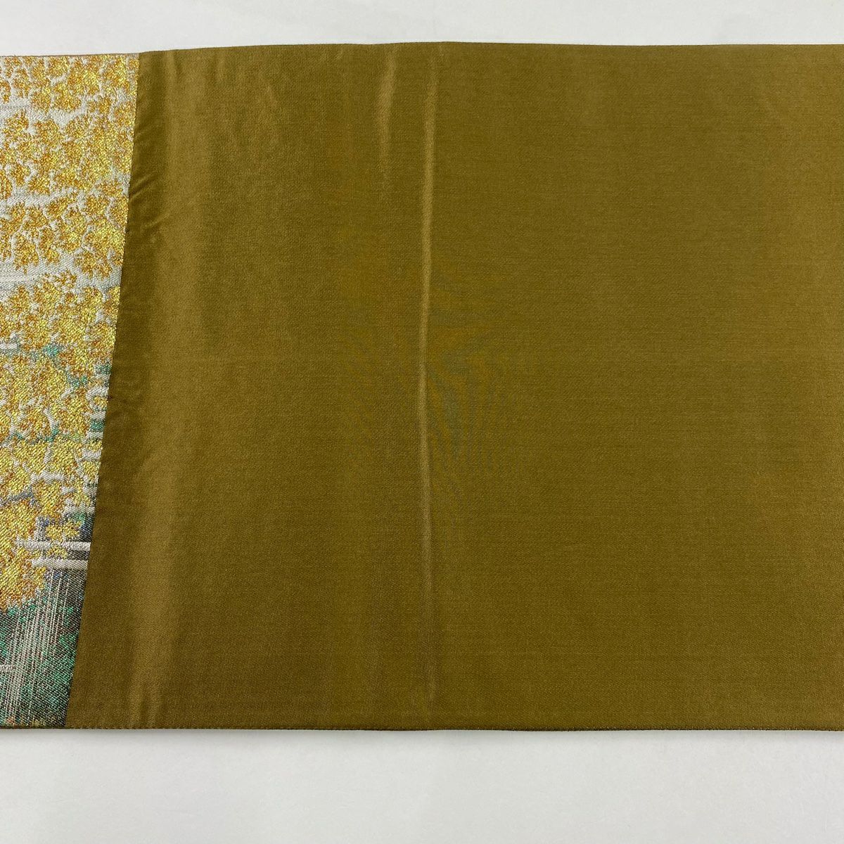 【美品】 袋帶 秀品級 樹木 風景 金金箔 茶綠 六通 純蠶絲