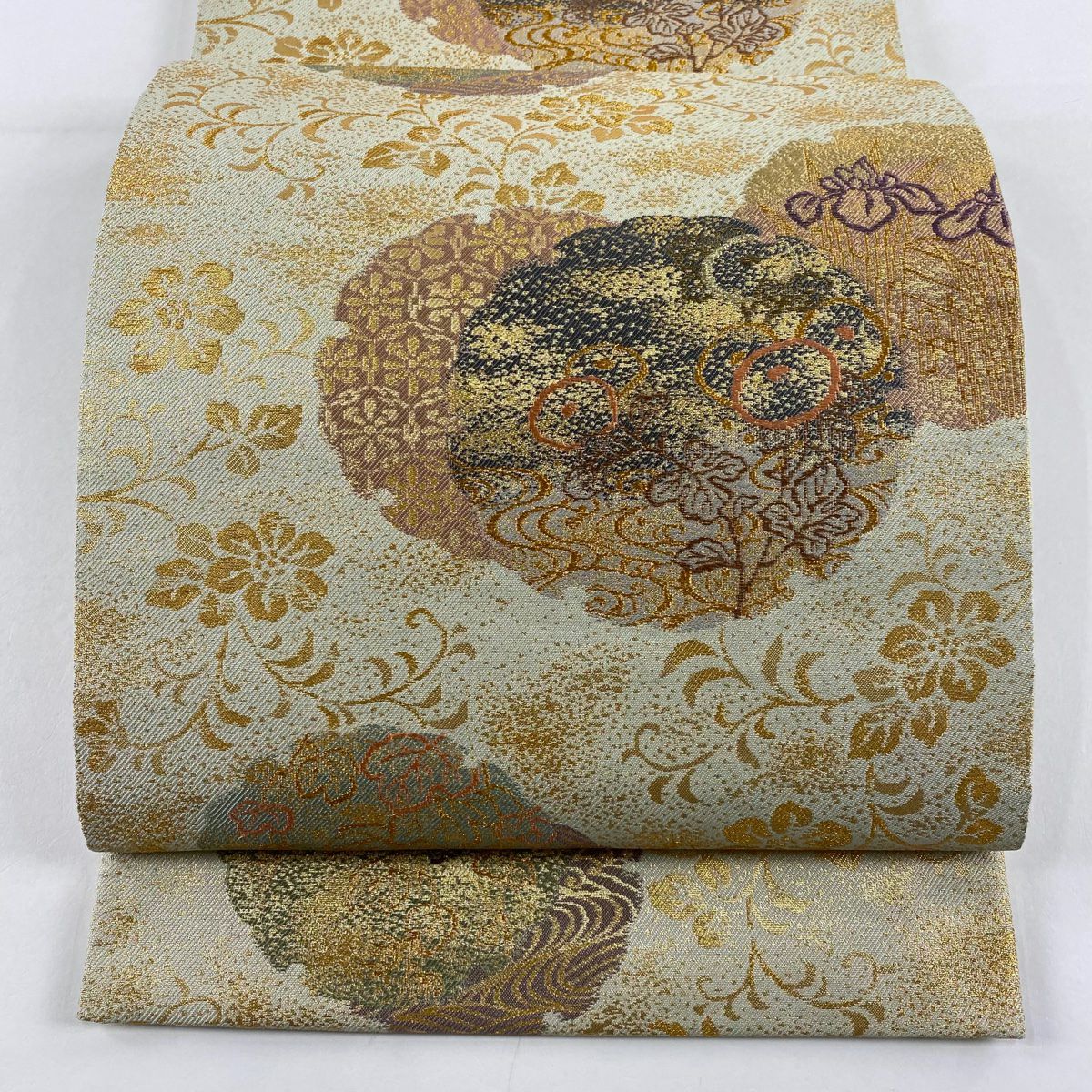 【美品】 袋帶 秀品級 雪輪 草花紋 金糸 金金箔 黃綠 深色 六通 純蠶絲