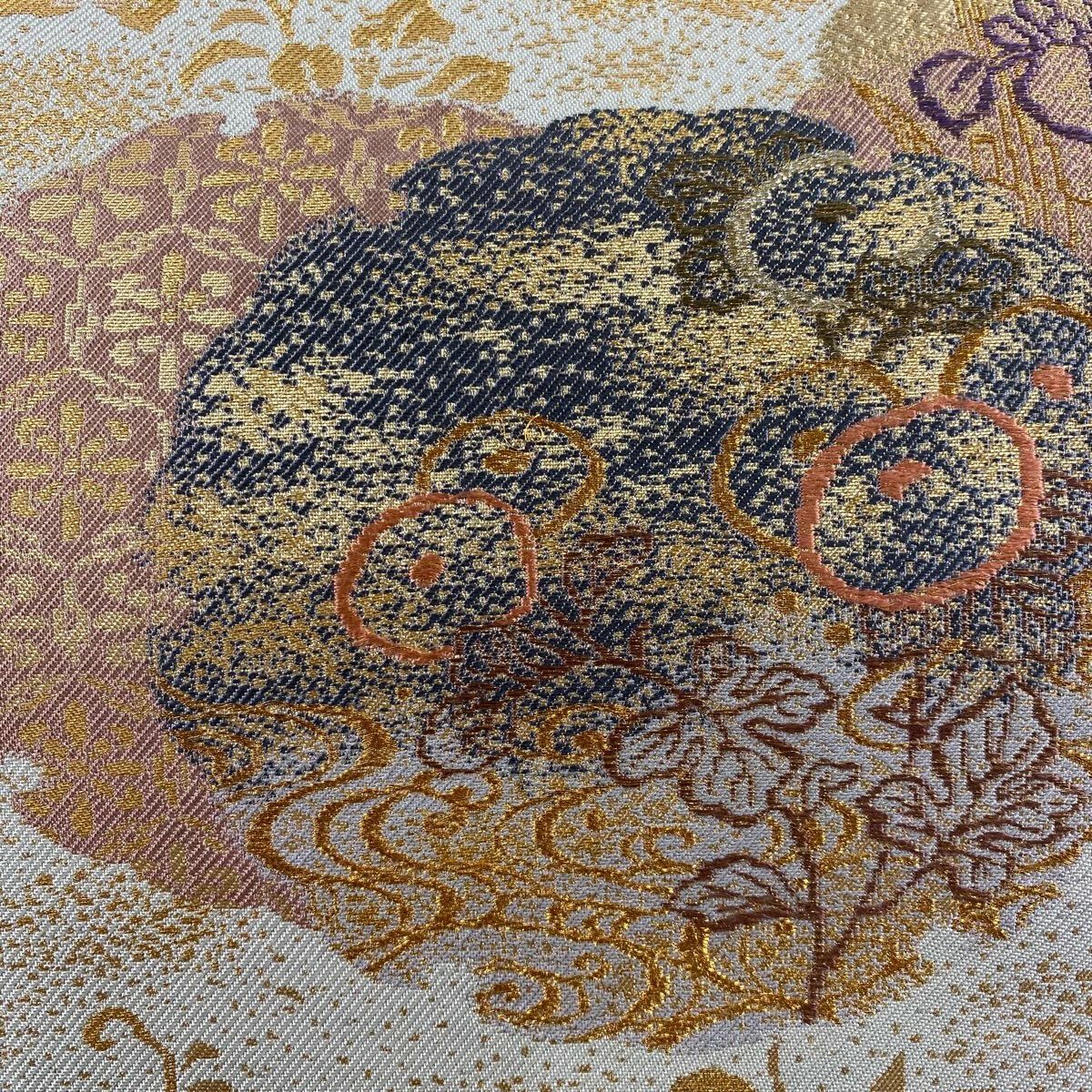 【美品】 袋帶 秀品級 雪輪 草花紋 金糸 金金箔 黃綠 深色 六通 純蠶絲