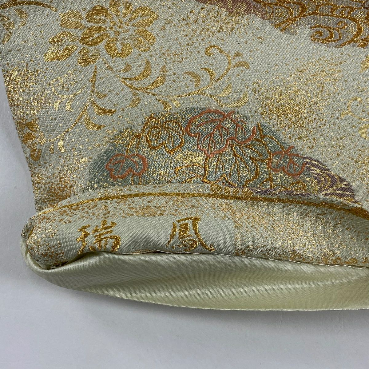 【美品】 袋帶 秀品級 雪輪 草花紋 金糸 金金箔 黃綠 深色 六通 純蠶絲