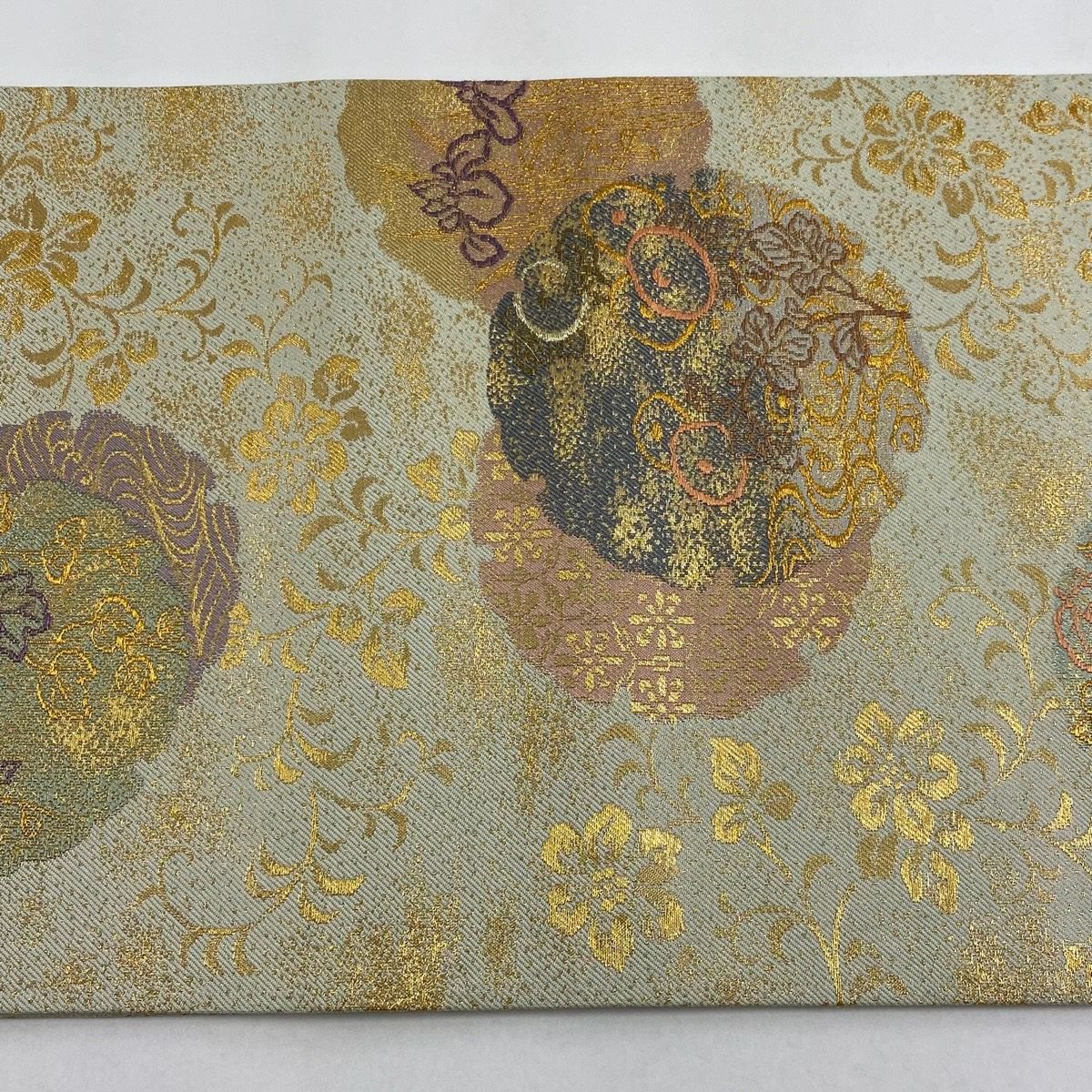 【美品】 袋帶 秀品級 雪輪 草花紋 金糸 金金箔 黃綠 深色 六通 純蠶絲