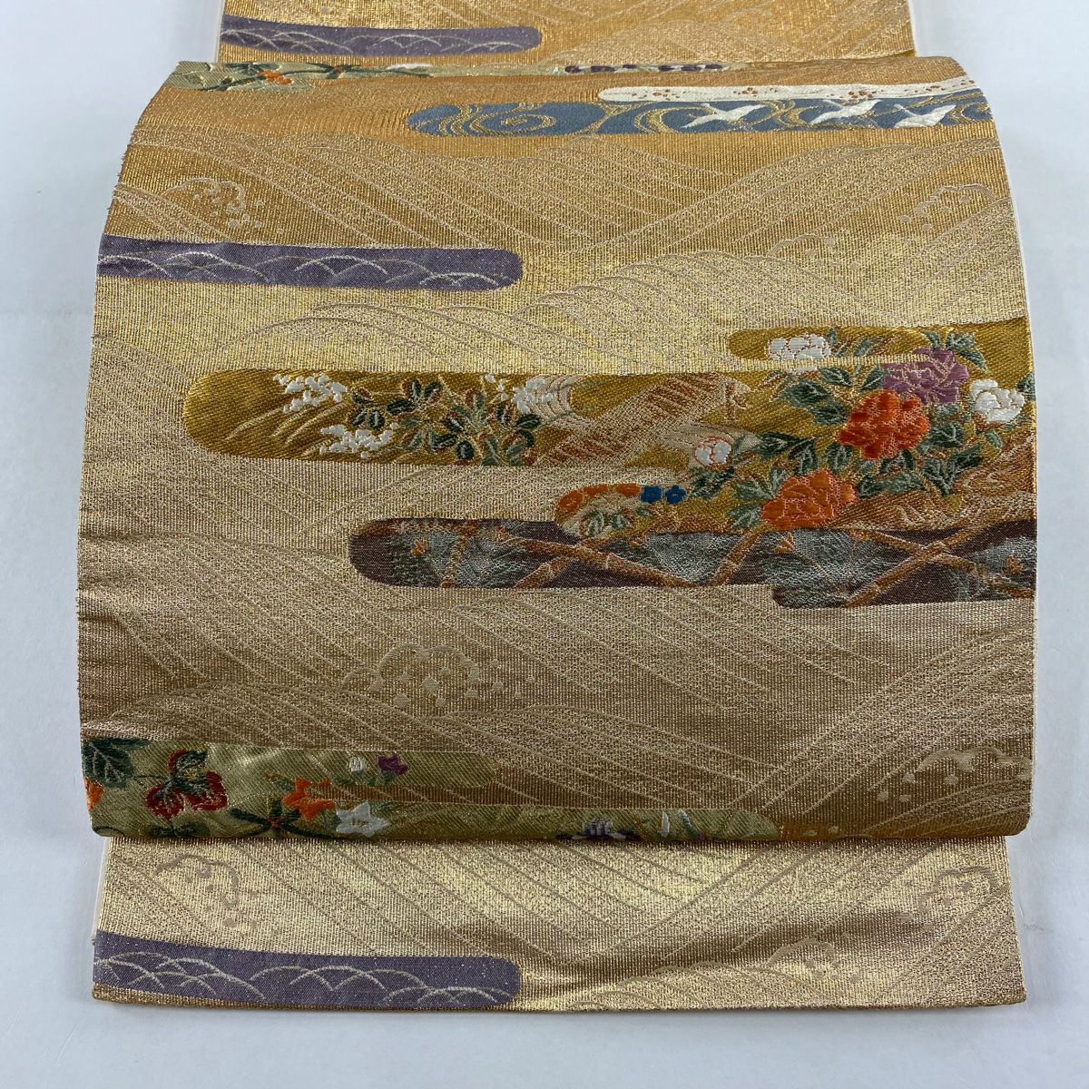 【美品】 袋帶 秀品級 草花紋紋 雲霞 金絲 金金箔 金色 六通 純蠶絲
