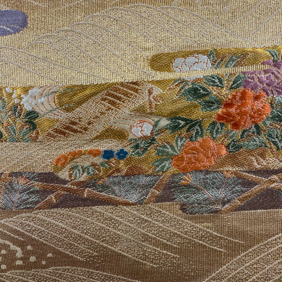 【美品】 袋帶 秀品級 草花紋紋 雲霞 金絲 金金箔 金色 六通 純蠶絲