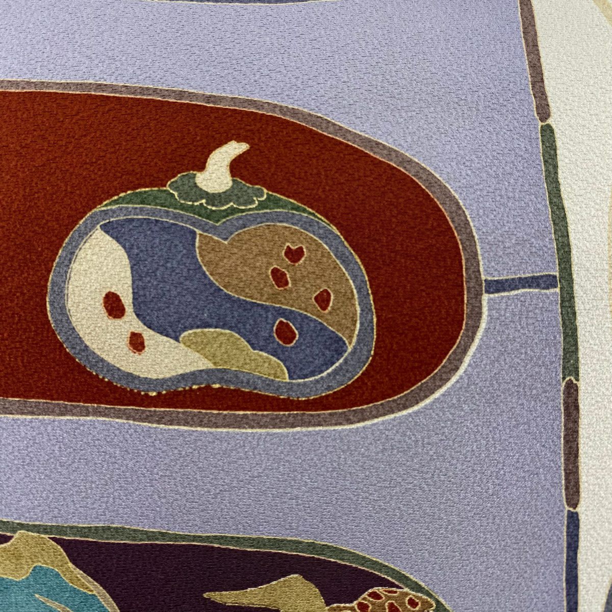名古屋帶 秀品級 生物 圓文 縮緬 金彩裝飾 灰紫 純蠶絲