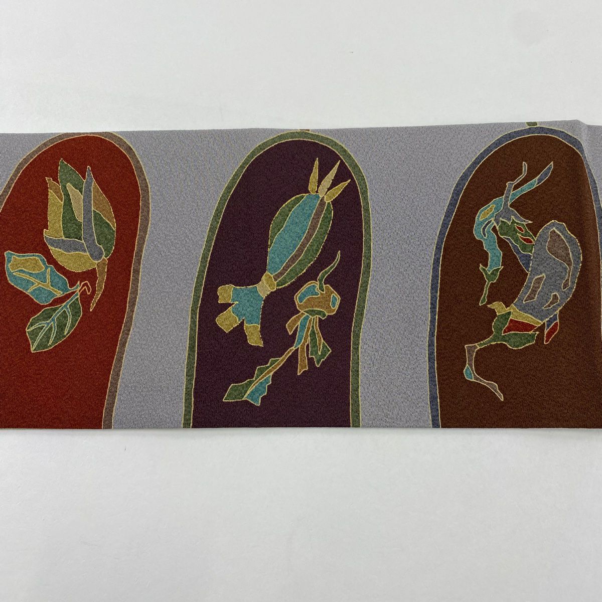 名古屋帶 秀品級 生物 圓文 縮緬 金彩裝飾 灰紫 純蠶絲