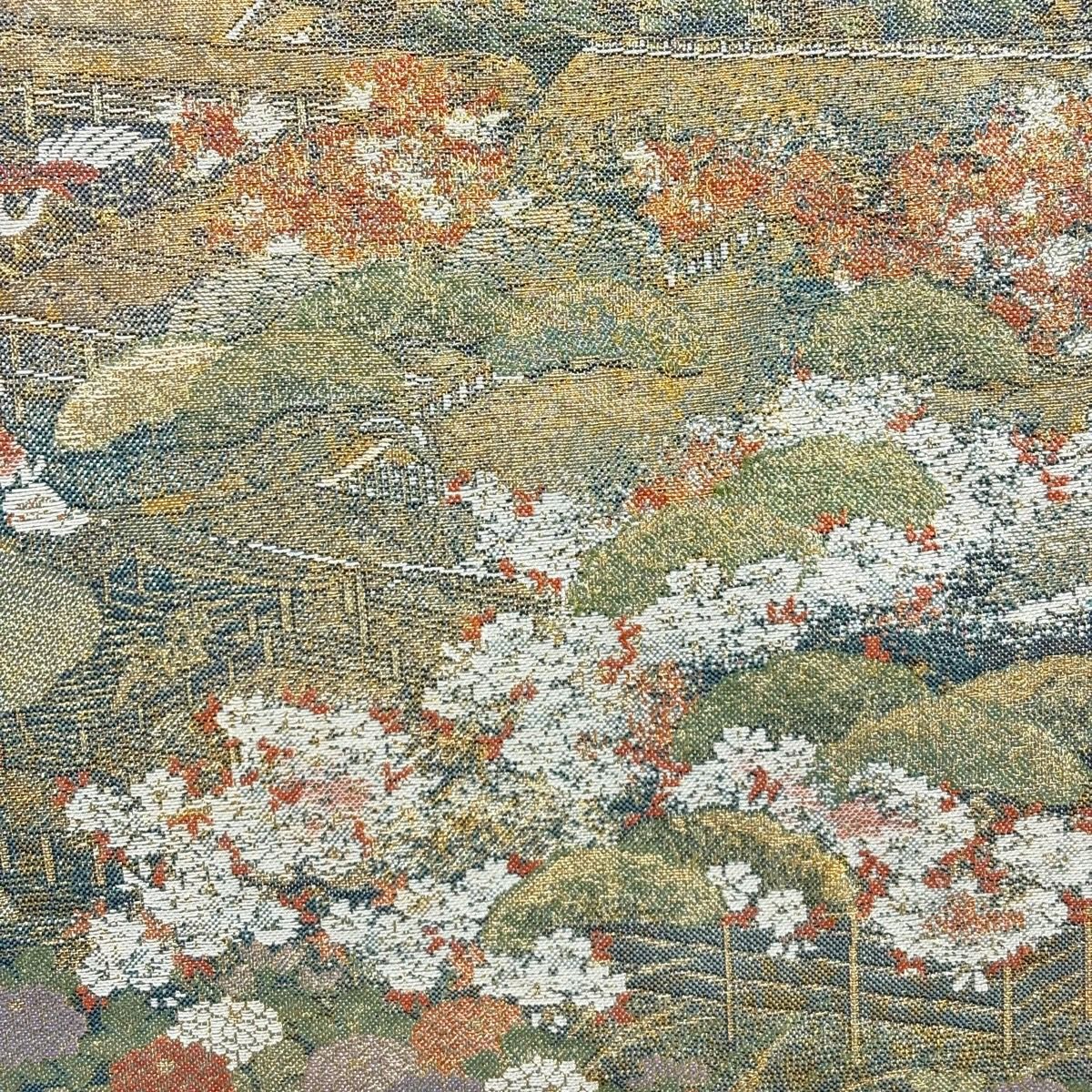 【美品】 袋帶 秀品級 草花紋紋 家屋 金金箔 金色 大鼓圖案 純蠶絲