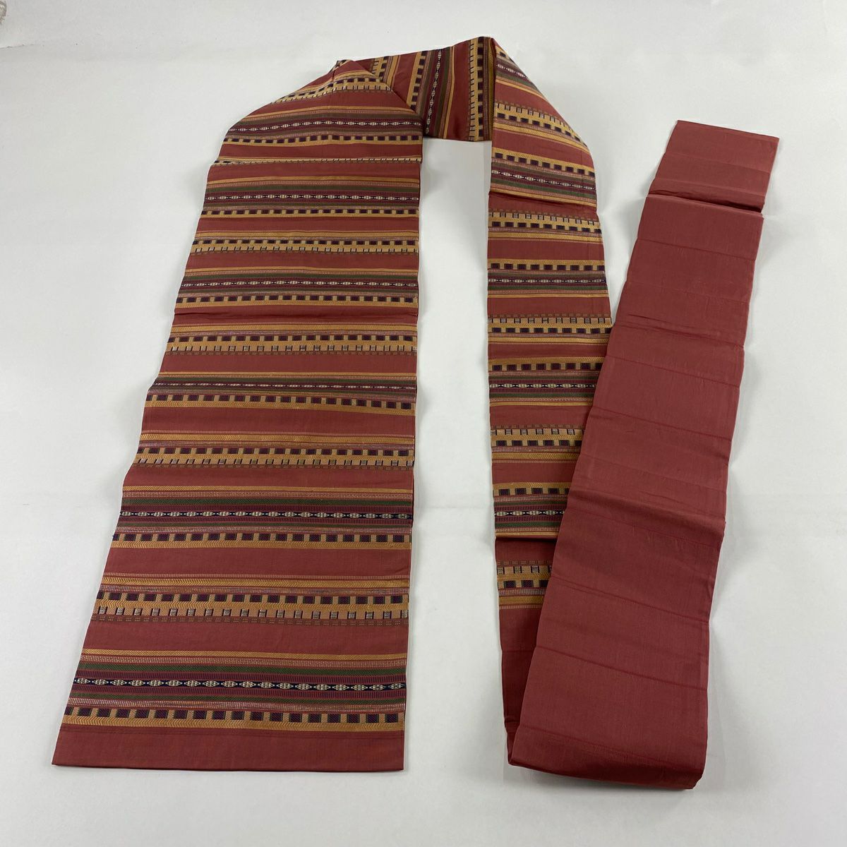 【美品】 名古屋帶 優品級 條紋 幾何圖案 粉紅 純蠶絲