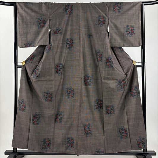 【美品】 紬織 身長159cm 袖長64cm M 雙層 草花紋紋 色紙 焦茶 純蠶絲 秀品級