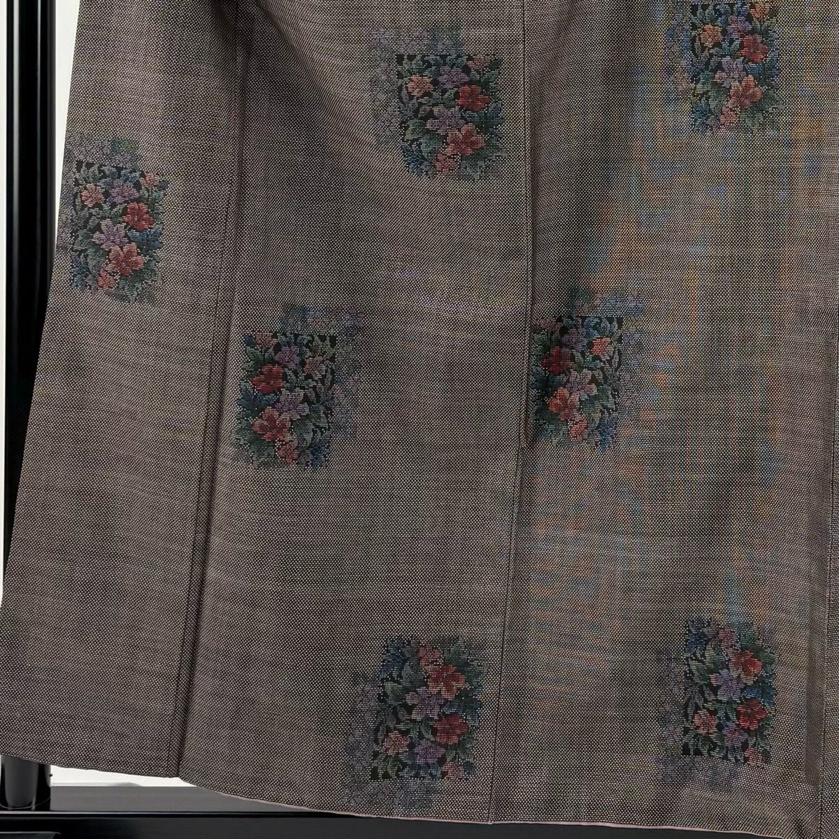 【美品】 紬織 身長159cm 袖長64cm M 雙層 草花紋紋 色紙 焦茶 純蠶絲 秀品級