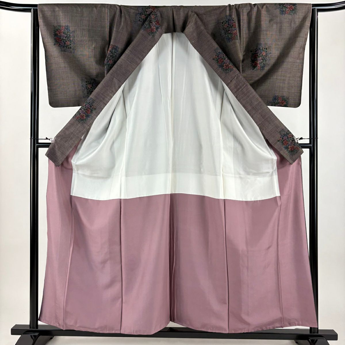 【美品】 紬織 身長159cm 袖長64cm M 雙層 草花紋紋 色紙 焦茶 純蠶絲 秀品級