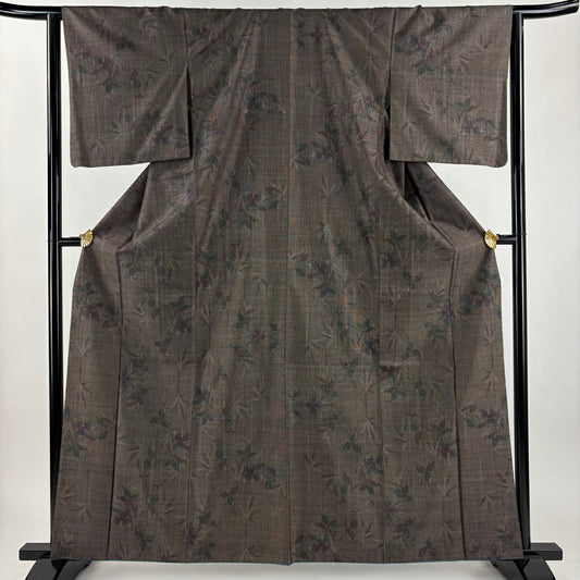 【美品】 紬織織 身長161.5cm 袖長63cm S 雙層 草花紋紋 焦茶 純蠶絲 秀品級