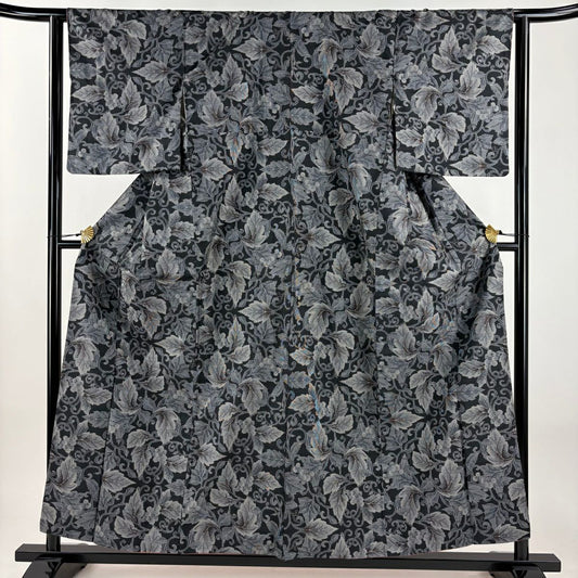【美品】 紬織 身長157cm 袖長63cm S 雙層 葡萄唐草紋 墨 黑 純蠶絲 秀品級