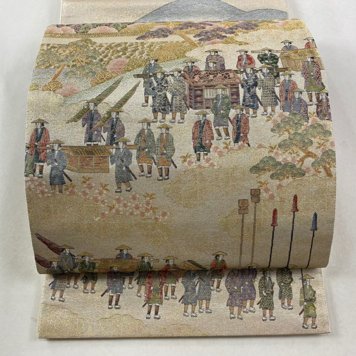 【美品】 袋帶 逸品級 大名繪圖文 山並 金絲 金金箔 銀 六通 純蠶絲