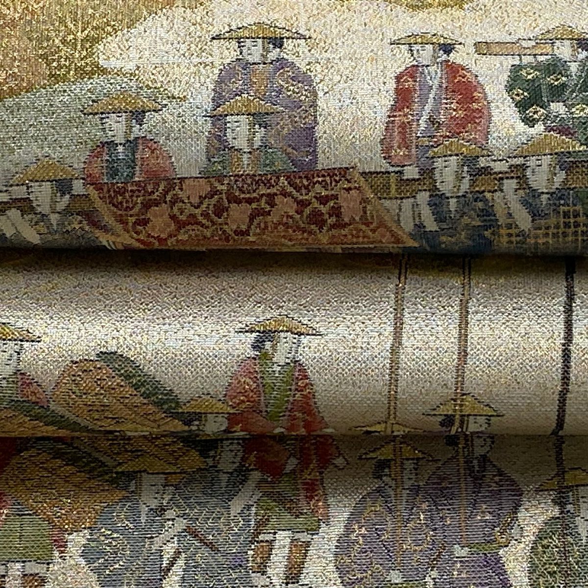 【美品】 袋帶 逸品級 大名繪圖文 山並 金絲 金金箔 銀 六通 純蠶絲