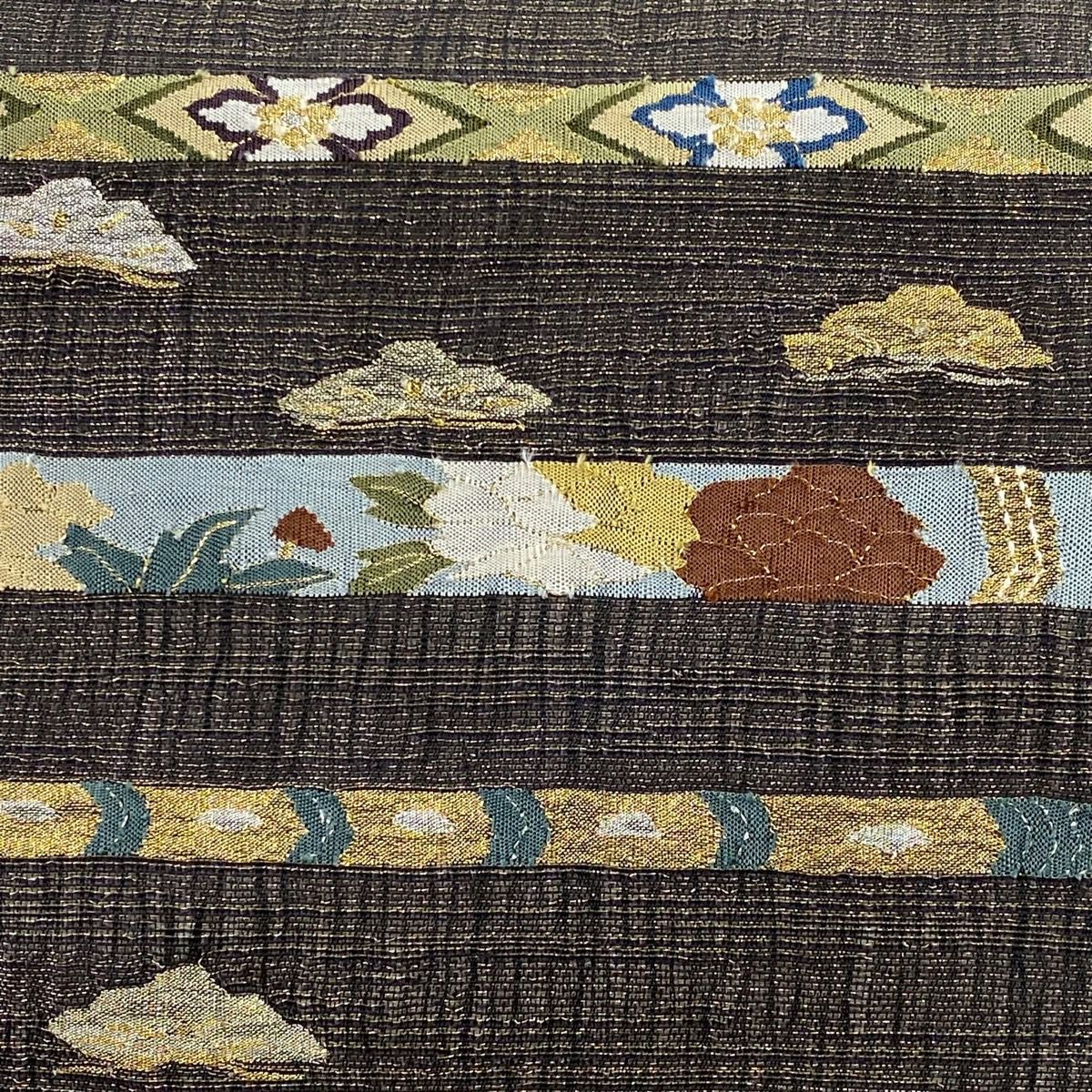 袋帶 名品級 笛 花鳥 金銀絲 黑灰 大鼓圖案 純蠶絲